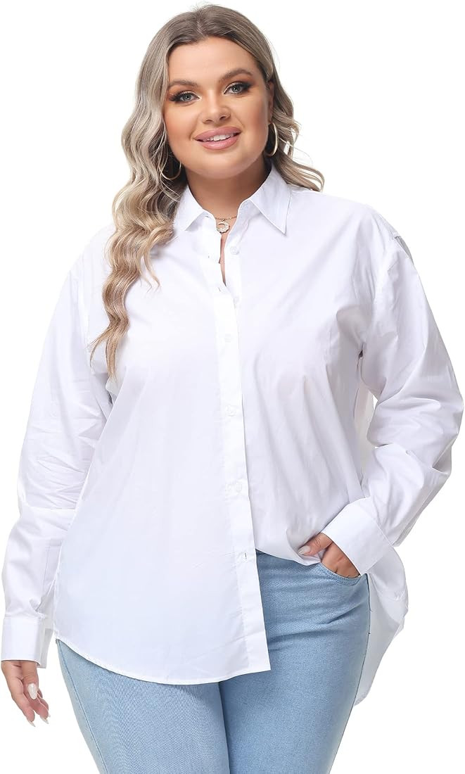 MCEDAR Women's Oversized Button Down Shirts Casual Plus Size Boyfriend Shirt Long Sleeve Striped ... | Amazon (US)