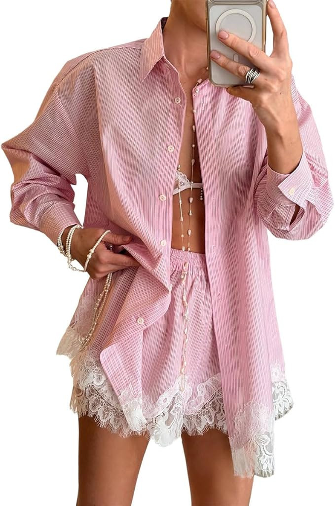 Wuitrie Lace Trim Two Piece Lounge Set for Women Long Sleeve Button Down Shirt Elastic Waist Shor... | Amazon (US)