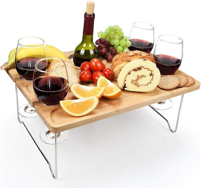 Tirrinia Bamboo Wine Picnic Table, Ideal Wine Lover Gift, Large Folding Portable Outdoor Snack & ... | Amazon (US)