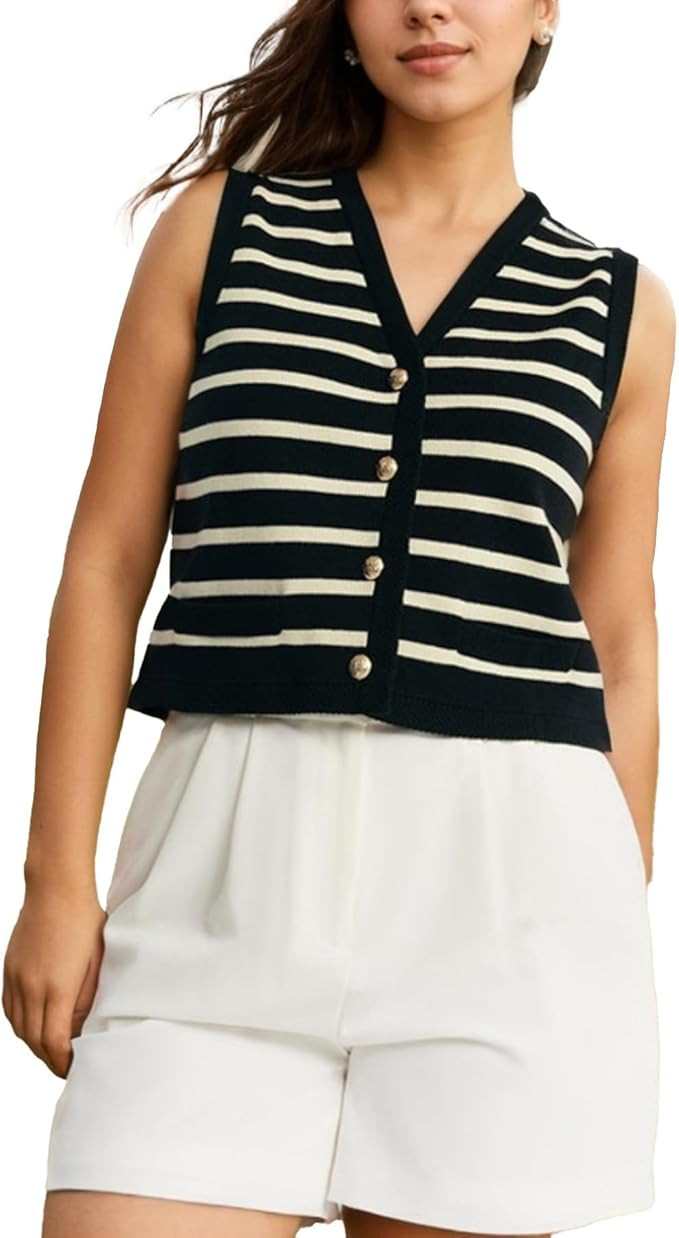 Kedera Women's Sleeveless Knit Striped Sweater Vest Tank Tops Summer Slim V Neck Trendy Pullover | Amazon (US)