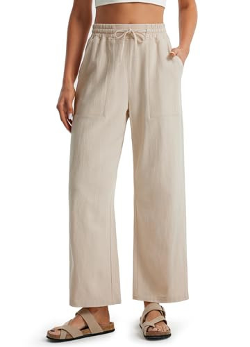 Libin Women Linen Pants Wide Leg Side Slit Ankle Pants High Waist Drawstring Casual Palazzo Loose Beach Pant Cropped Trousers Khaki L | Amazon (US)