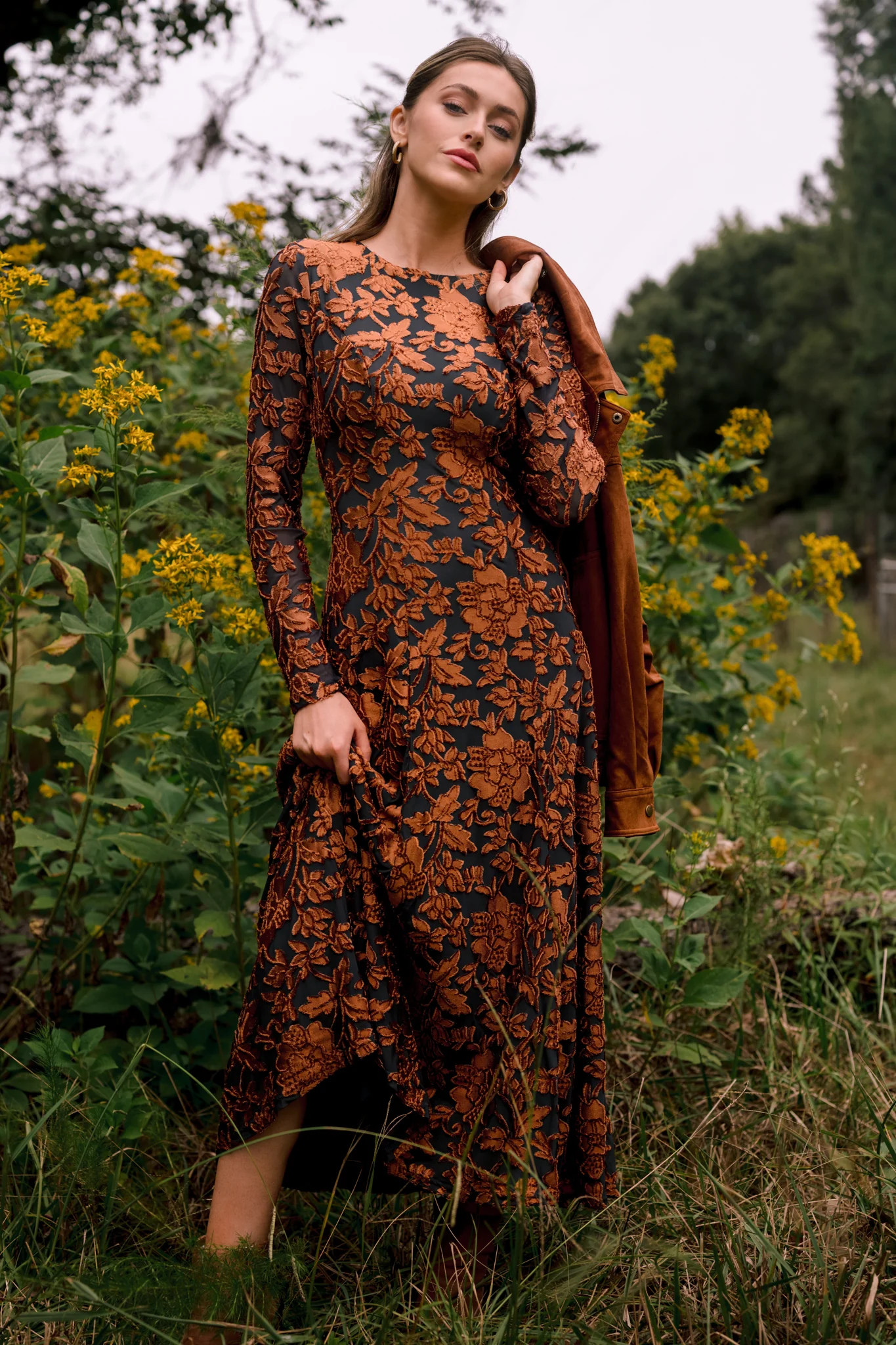 When the Leaves Turn Green & Copper Textured Floral Long Sleeve Midi Dress | Red Dress
