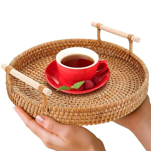 Rattan Tray 8.7-Inch Round – Woven Serving Basket with Handles – Thanksgiving Decorative Tray for Coffee Table, Bread, Fruit, Vegetables, Restaurant & Home Use, Charming | Amazon (US)