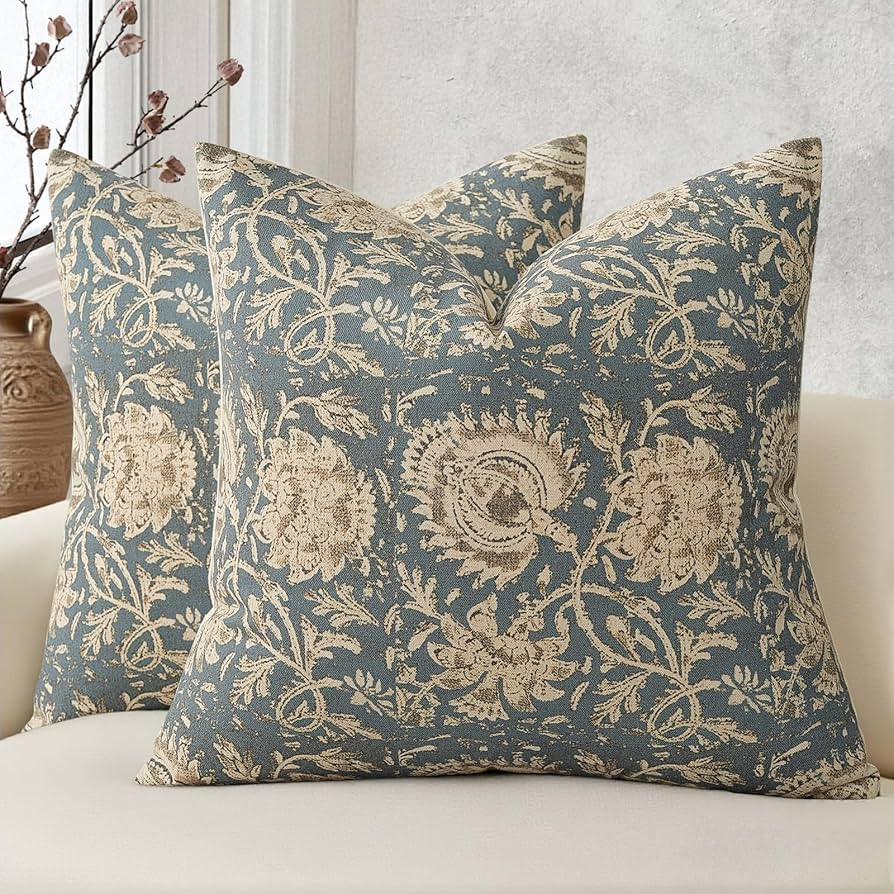 Vintage Floral Print Throw Pillow Covers 20x20 Set of 2 Neutral Modern Farmhouse Pillowcase Accen... | Amazon (US)
