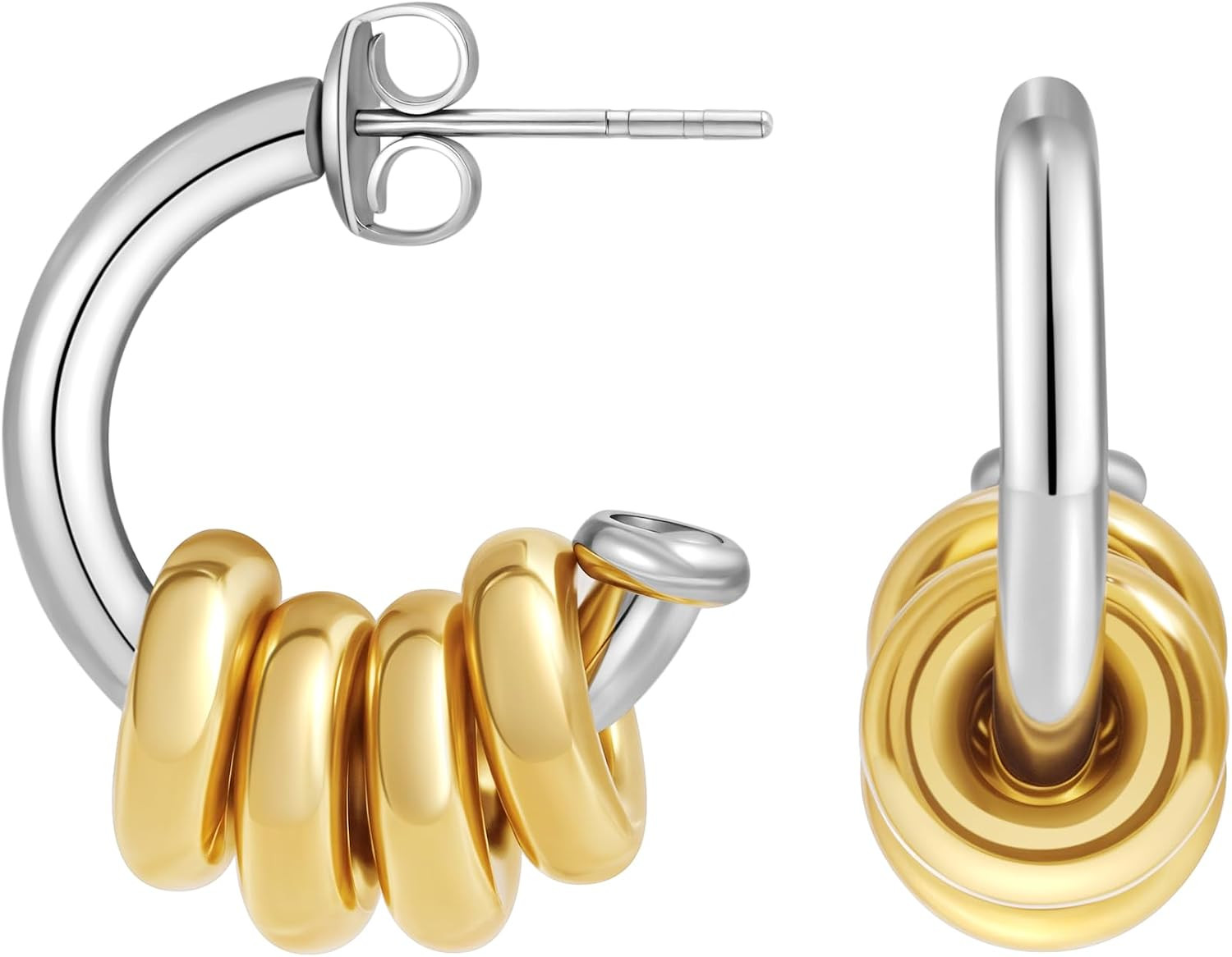 18K Gold Plated Hoop Earrings Stainless Steel Hypoallergenic Earrings Gold and Silver Two Tone Cuff Earring Hanging Round Pendant Statement Earrings for Women | Amazon (US)