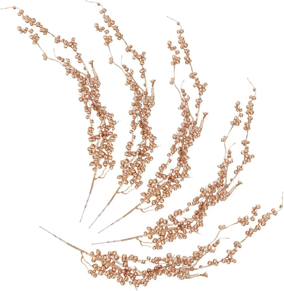Amosfun 5pcs Artificial Gold Holly Leaves Berry Picks Stems Fake Christmas Berries Branches Christma | Amazon (US)