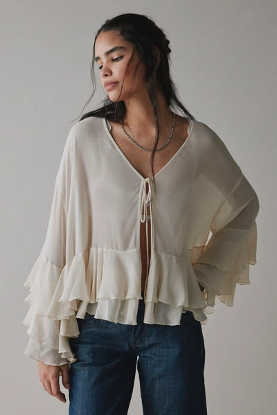 UO Twilla Ruffled Sheer Chiffon Tie-Front Flyaway Blouse | Urban Outfitters (US and RoW)