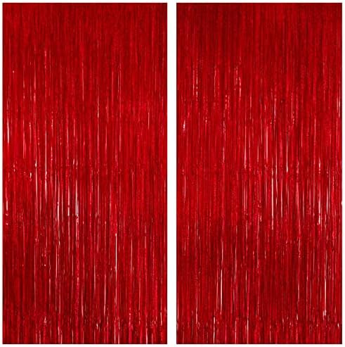 2 Pack 3.2ft x 8.2ft Red Foil Fringe Curtain, Glitter Metallic Tinsel Foil Fringe Curtains Photo ... | Amazon (US)