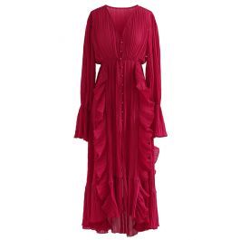 Breezy Ruffle Asymmetric Pleated Chiffon Maxi Dress in Red | Chicwish