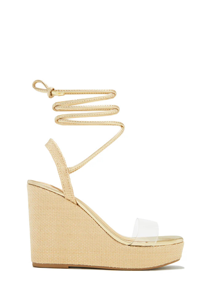 Miss Lola | Resort Sunrise Gold Lace Up Platform Wedges | MISS LOLA