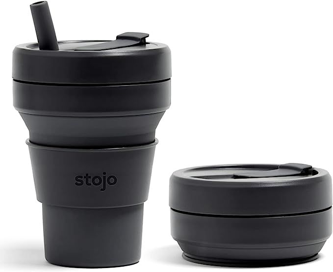 Stojo Collapsible Travel Cup With Straw - Carbon, 16oz / 470ml - Reusable To-Go Pocket Size Silic... | Amazon (US)