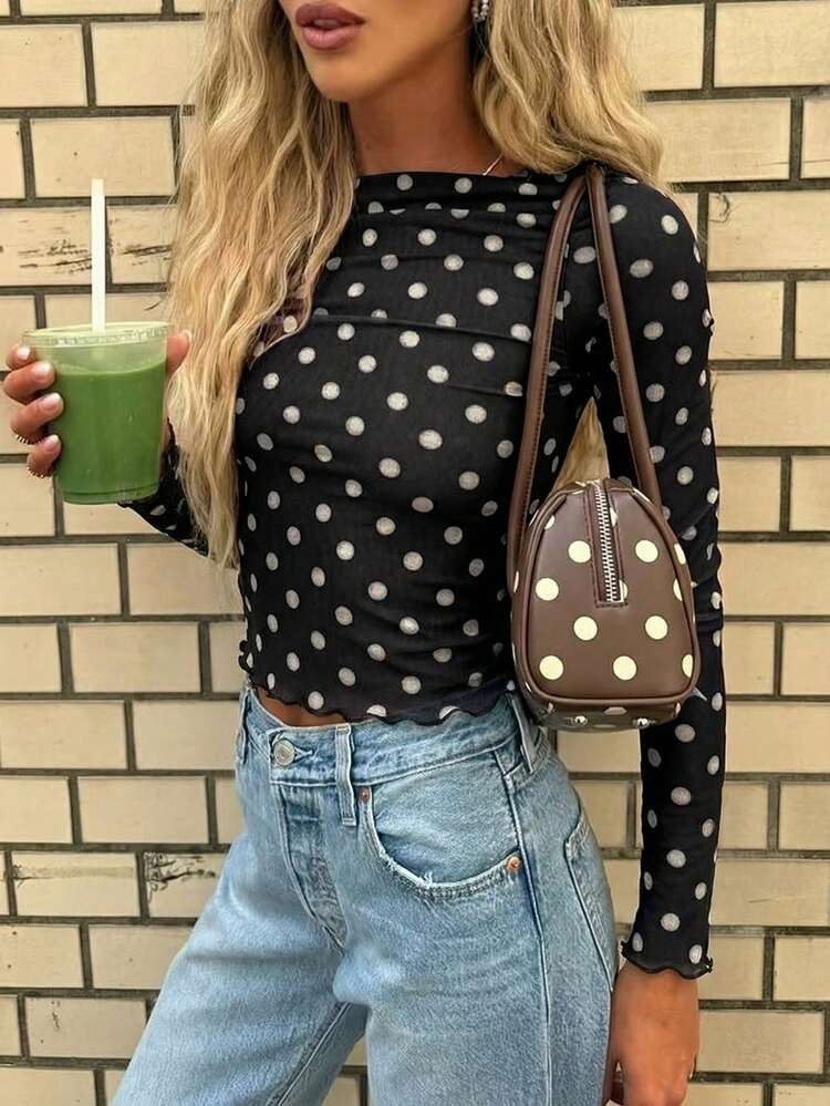 New Arrival Semi-Transparent Fashionable Elegant Polka Dot Knit top | SHEIN