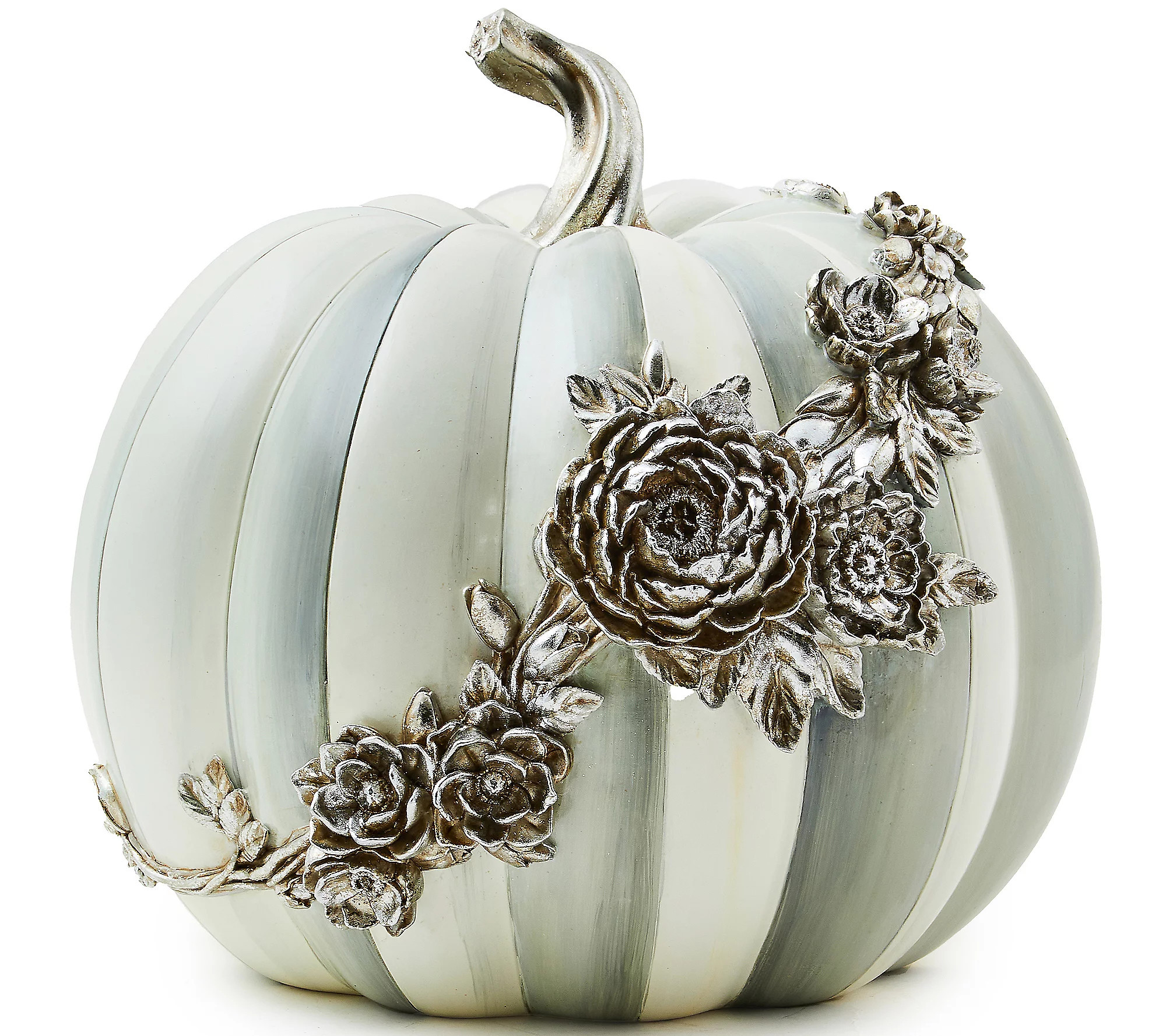 Mackenzie-Childs Sterling Stripe Medium Silver Floral Pumpkin | QVC