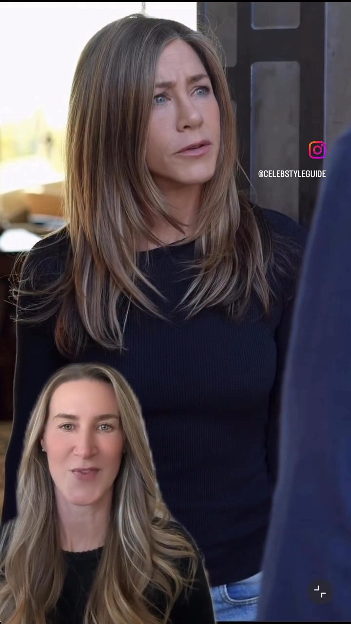 Jennifer Aniston's designer jeans and gold medal sunglasses long sleeve crewneck top ￼