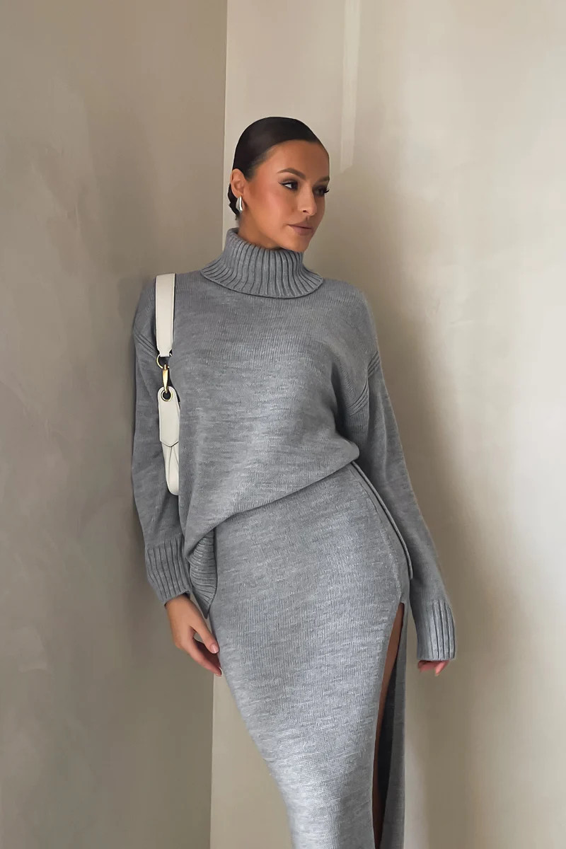 Brittany High Neck Knit Jumper - Grey Marle | MESHKI US