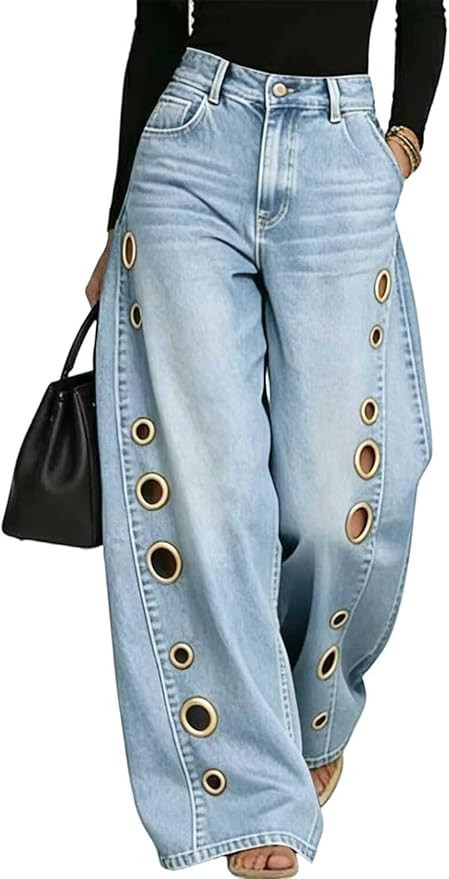 DINGANG Baggy Wide Leg Jeans for Women High Waisted Cut Out Metal Circle Ring Grommet Denim Pants | Amazon (US)
