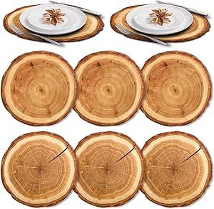 6Pcs Leather Wooden Slice Placemats, Round Rustic Brown Wood Slices Place Mats Non Slip Table Pla... | Amazon (US)