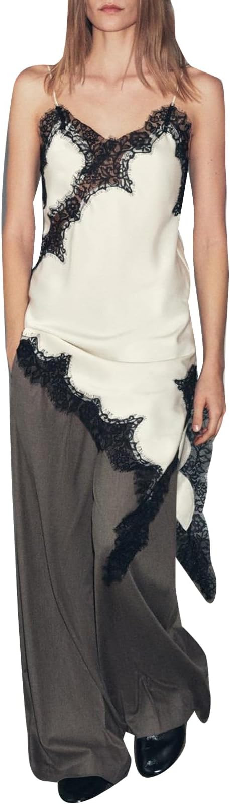 Women Silk Satin Extra Long Camisole Lace Asymmetrical Trim Cami Tank Crop Tops Y2k Silky High Lo... | Amazon (US)