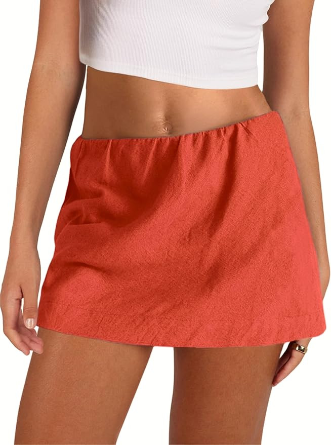 Womens Cotton Linen Skorts Casual Cute A-Line Mini Skirts with Ruffle Inner Waistband(Rust-S) | Amazon (US)