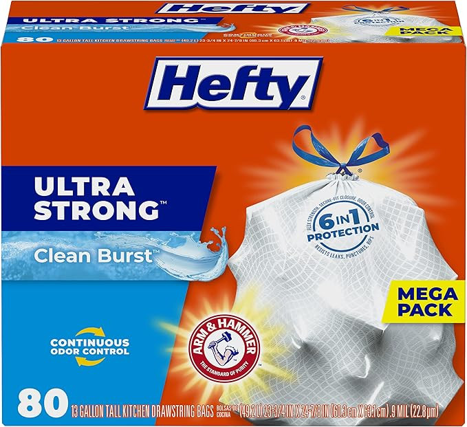 Hefty Ultra Strong Tall Kitchen Trash Bags, Clean Burst Scent, 13 Gallon, 80 Count | Amazon (US)