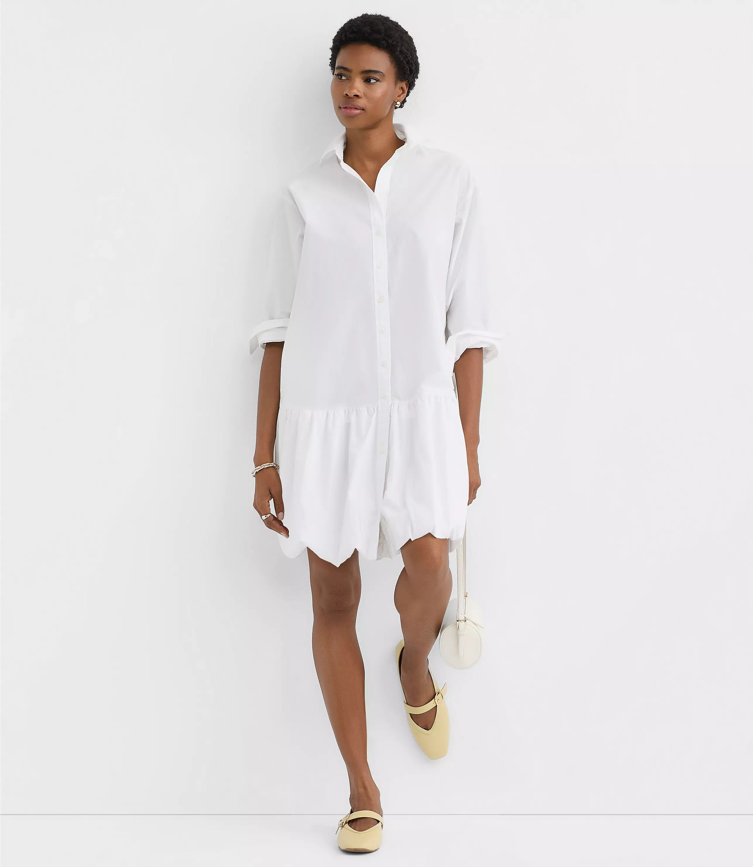 Poplin Bubble Hem Mini Pocket Shirtdress | LOFT