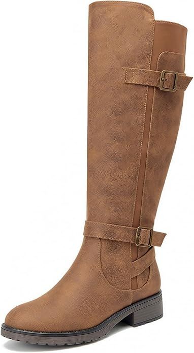 ALLOT Women's Knee High Boots Stretchy Fashion Riding Boot Flat Low Heel Buckle Strap Winter Moto... | Amazon (US)