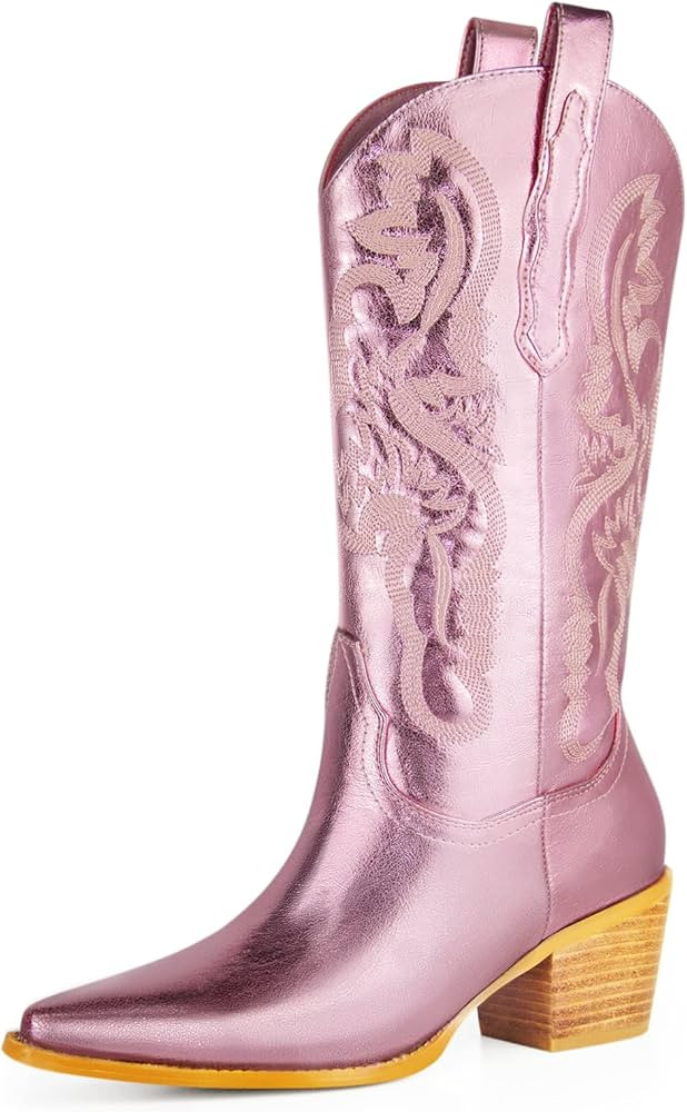 Women's Cowgirl Embroidered Mid-Calf Western Cowboy Boots, Pointed Toe Block Chunky Medium Heel 6... | Amazon (US)