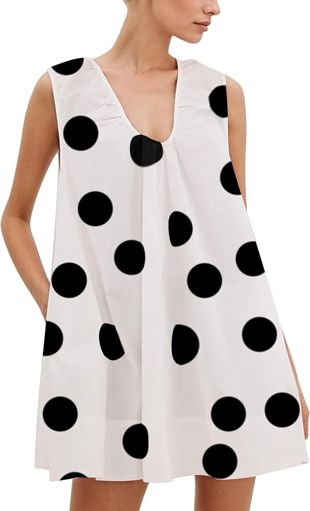 MISSACTIVER Women's Polka Dot Babydoll Mini Dress Scoop Neck Ruched Sleeveless Short Dress with P... | Amazon (US)