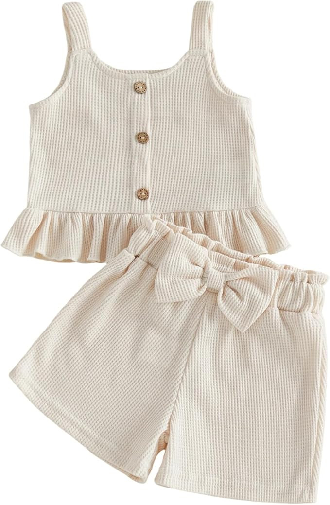 Giraropa Toddler Girl Outfits Set Ruffled Button Strap Crop Tops Plaid Shorts Set Matching Bowkno... | Amazon (US)