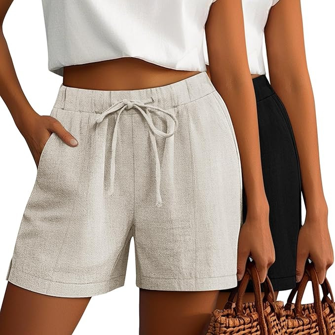 Riyiper 2 Pack Casual Linen Shorts for Women, Drawstring Elastic Waist Split Side Summer Line Com... | Amazon (US)