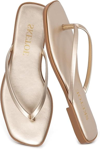 Flip Flops for Women Square Toe Flat Sandals for Women Comfortable Thong Sandals Leather Flip Flo... | Amazon (US)