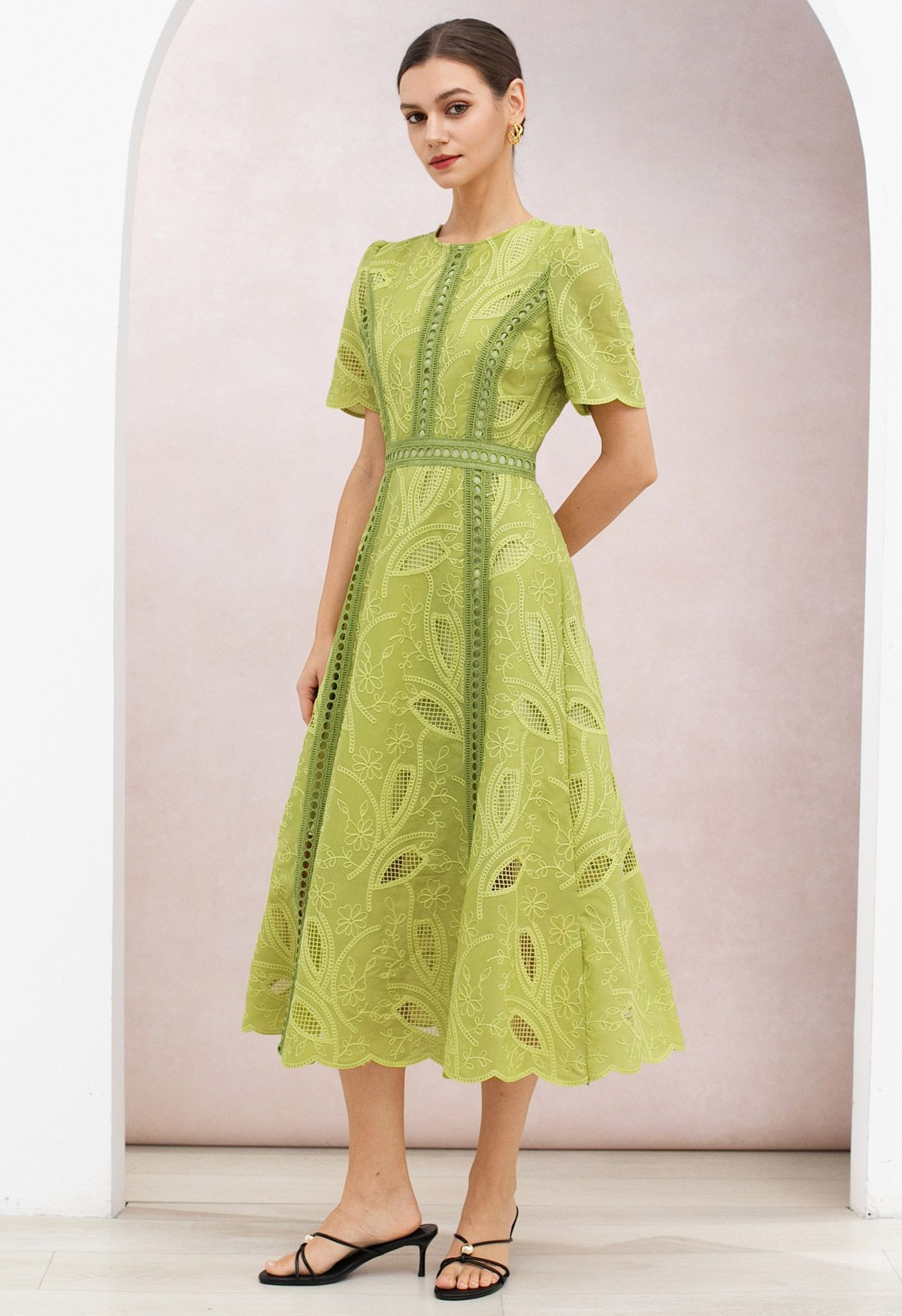 Cutwork Leaf Ladder-Lace Embroidered Midi Dress for Island Getaways & Resort Escapes | Chicwish