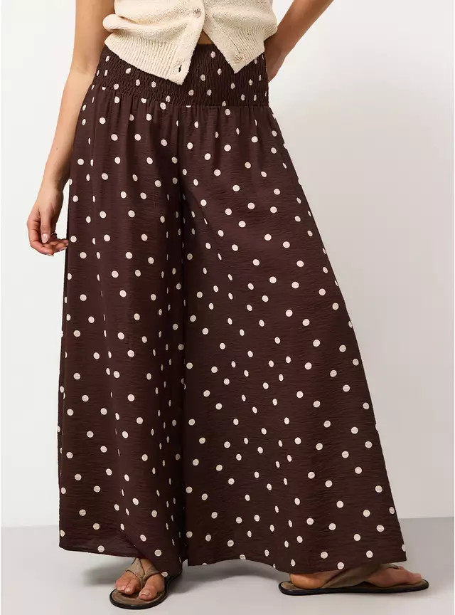 Brown Polka Dot Print Shirred Waist Palazzo Trousers 22 | Tu Clothing
