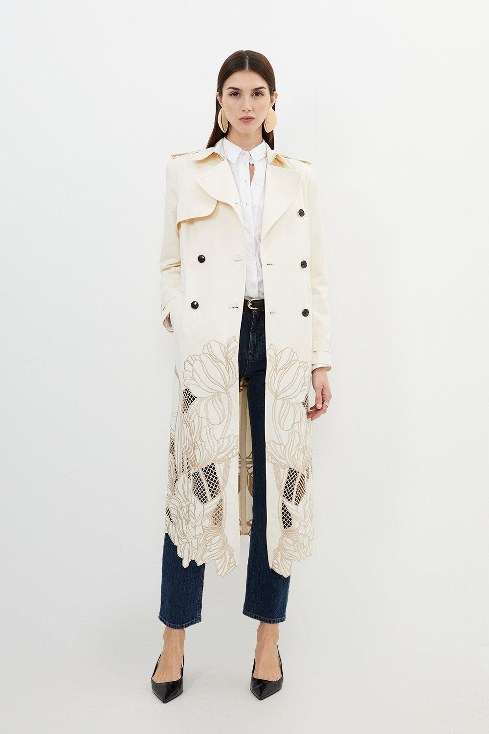 Tailored Cutwork Embroidered Belted Trench Coat | Karen Millen UK + IE + DE + NL
