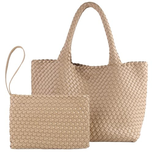SporGenius Woven Tote Bag for Women, Vegan Leather Beach Bags with Small Purse, Large Travel Top ... | Amazon (US)