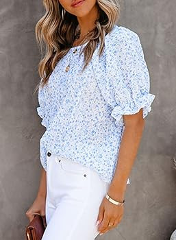 Dokotoo Floral Print Blouses for Women Crewneck Smocked Puff Sleeve Shirts Casual Babydoll Tops | Amazon (US)