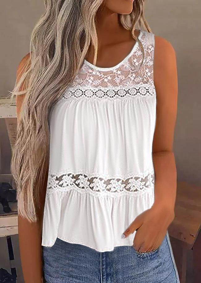 Lace Splicing Ruffled O-Neck Tank - White - Bellelily | Bellelily