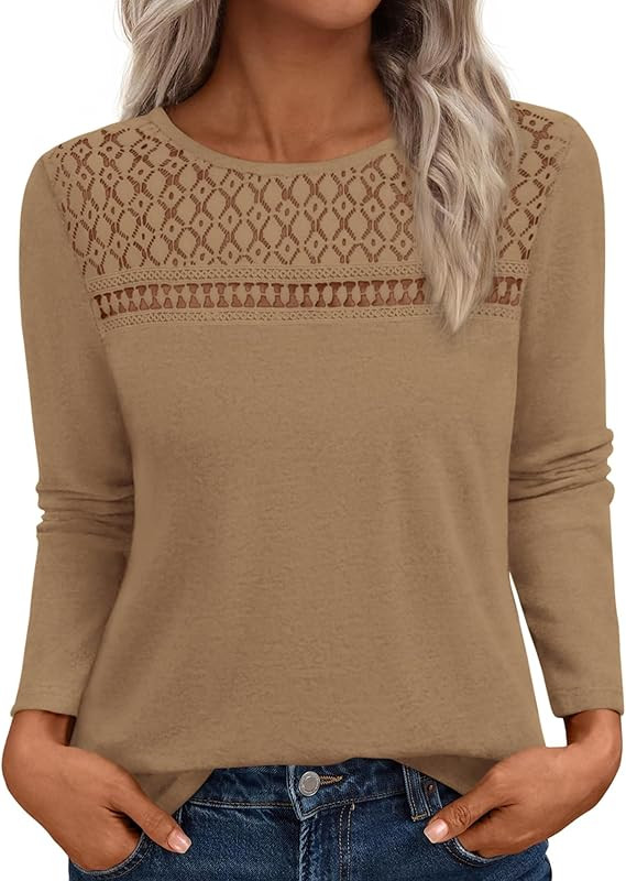 BTFBM Lace Long Sleeve Shirts Womens Tops Dressy Casual Knit Boho Lightweight Blouses Winter Clot... | Amazon (US)
