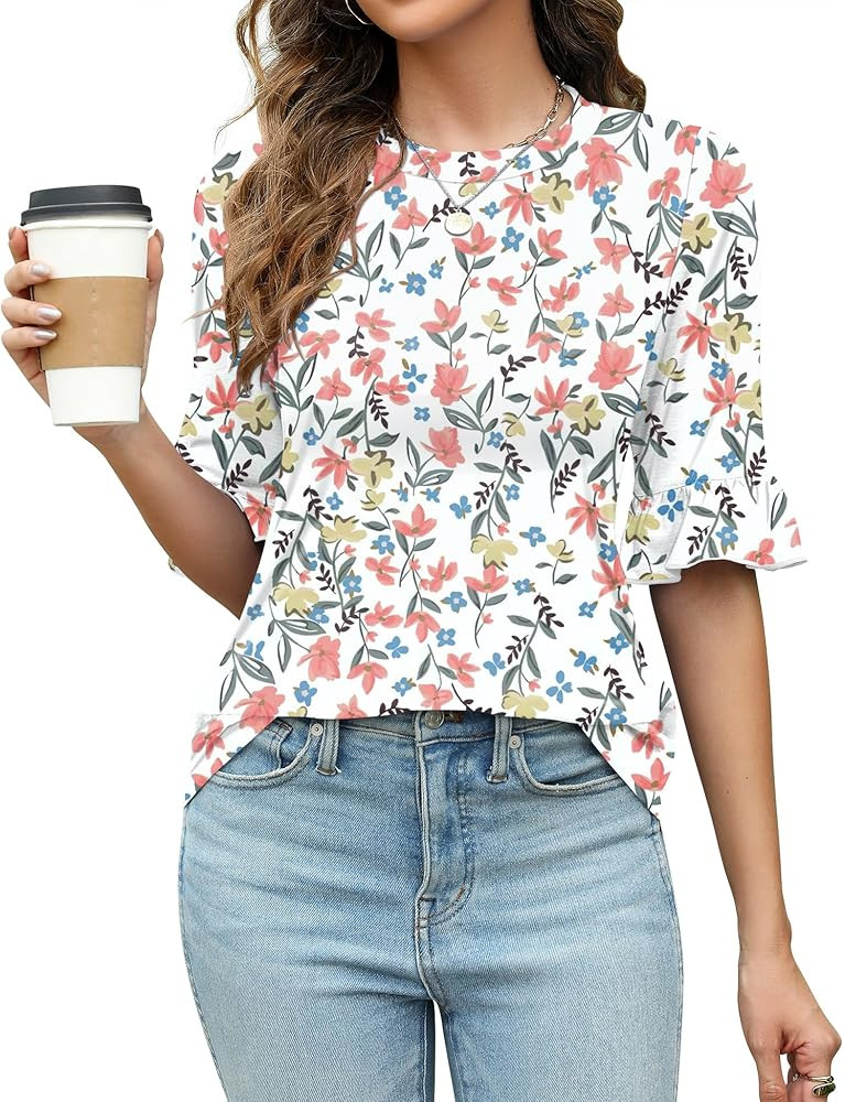 Rapbin Womens 3/4 Length Sleeve Tops Loose Fit Casual Crew Neck Shirts Ruffle Tunic Blouses | Amazon (US)