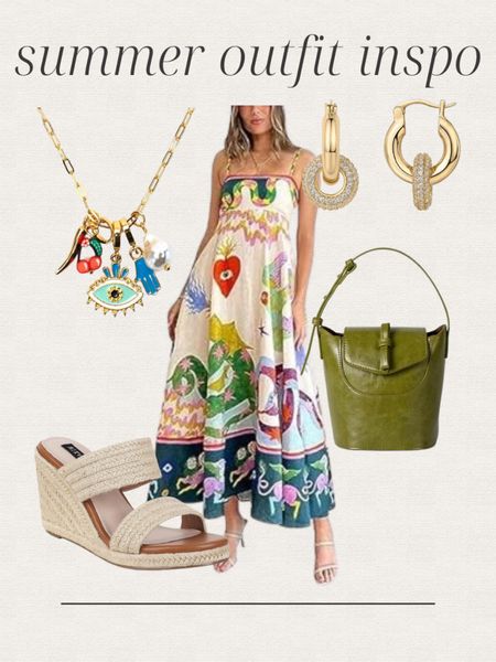 Amazon summer outfit inspo, printed maxi dress, charm necklace, gold earrings, bucket handbag, wedge sandals, vacation outfit, date night outfit 

#LTKShoeCrush #LTKFindsUnder50 #LTKItBag
