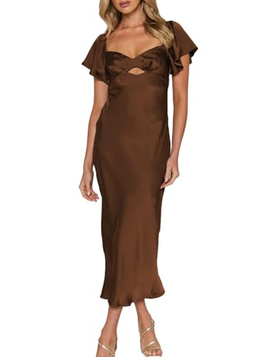 Summer Satin Flutter Sleeve Wedding Guest Dresses for Women Sweetheart Neckline Cutout Tie Back M... | Amazon (US)