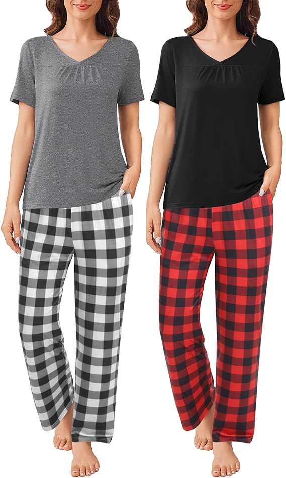 Ekouaer 2 Pack Womens Pajama Sets Short Sleeve with Long Pant Pjs Sleepwear Loungewear with Pocke... | Amazon (US)