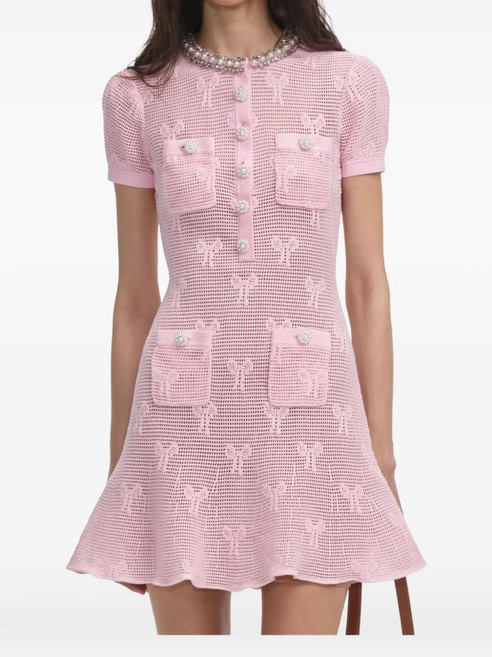 Self-Portrait bow-pattern pearl-embellished dress - Pink | Farfetch Global