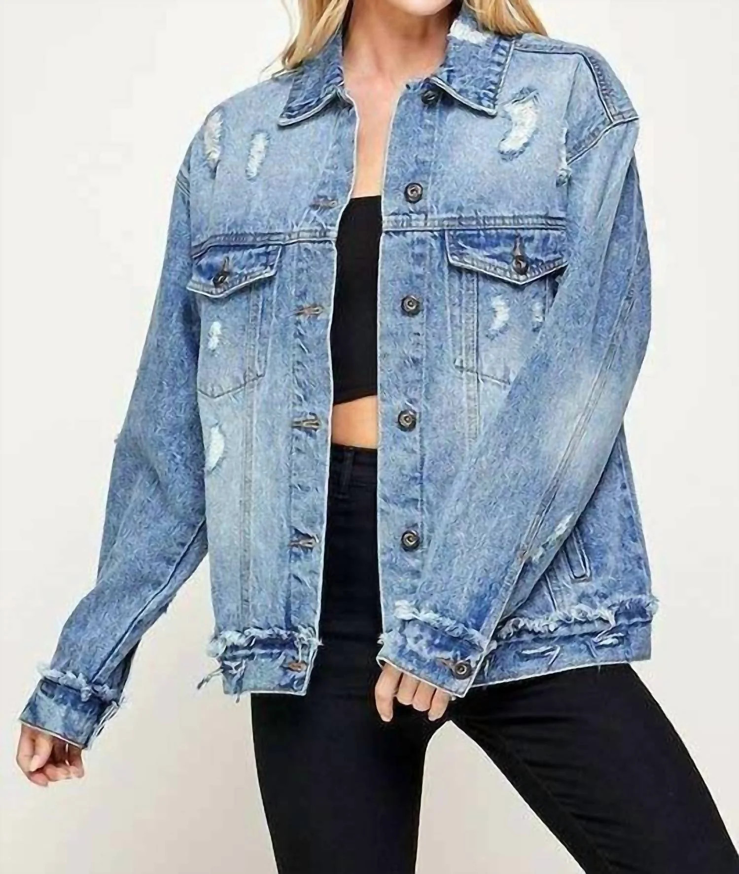 Women's Distressed Denim Jacket In Blue | Shop Simon