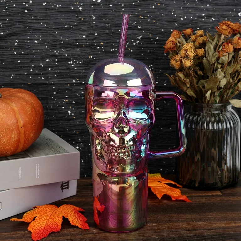 Way to Celebrate Halloween 30 oz Plastic Rainbow Iridescent Skull Tumbler with Straw, Purple Mult... | Walmart (US)