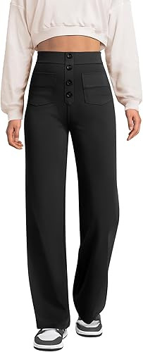 keriffe Women's Straight Leg Pants High Waisted Button Stretchy Business Work Casual Trousers Mul... | Amazon (US)