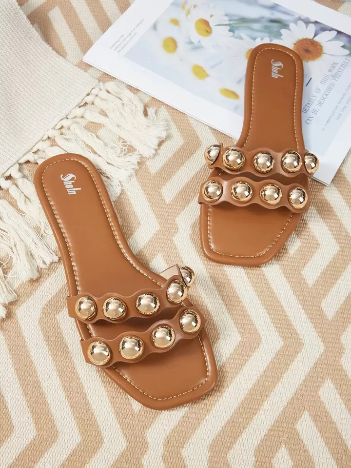 SHEIN VCAY Metal Decor Scallop Trim Slide Sandals | SHEIN