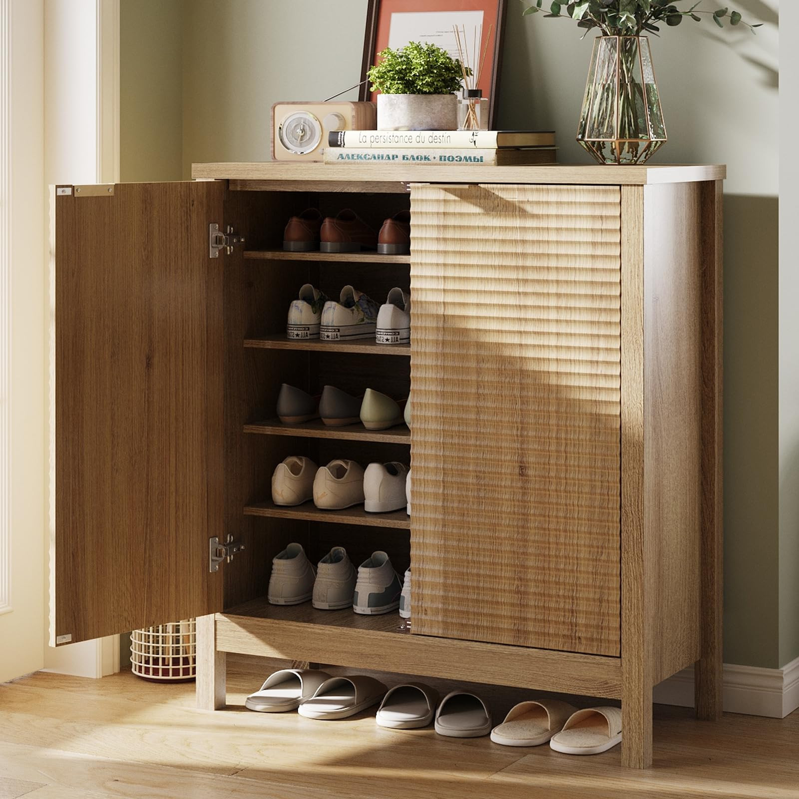 Maupvit 5-Tier Shoe Cabinet with Fluted Doors, Farmhouse Storage Cabinet with Adjustable Shelves, Wooden Shoe Rack Organizer Cabinet for Entryway, Foyer, Hallway, Living Room, Wood Color | Amazon (US)