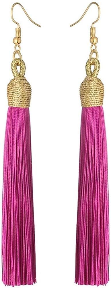 KLFrogPond Boho Thread Long Tassel Dangle Drop Colorful Fringe Earrings Silk Fabric Ethnic Vintage C | Amazon (US)