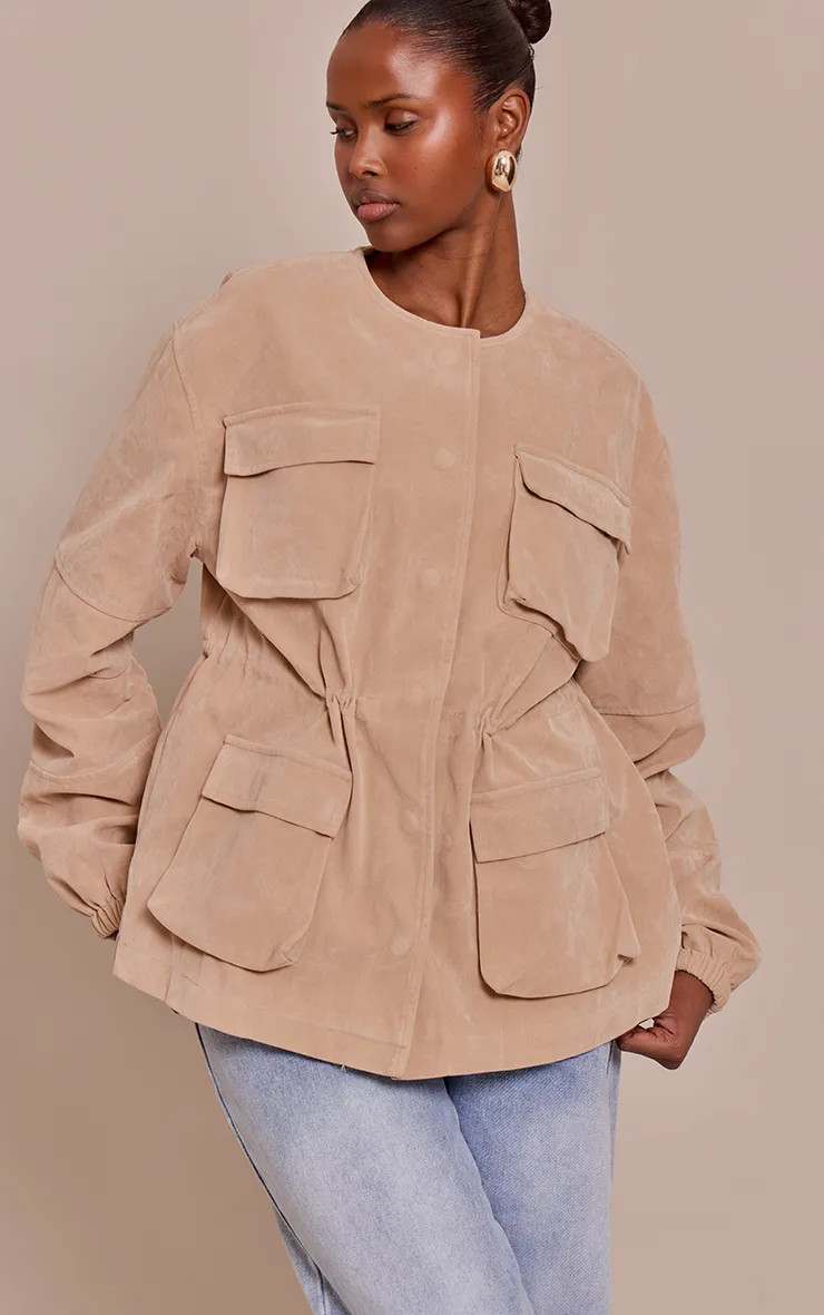 Jackets & Coats | Beige Structured Faux Suede Pocket Detail Adjustable Waist Jacket | PrettyLittl... | PrettyLittleThing UK
